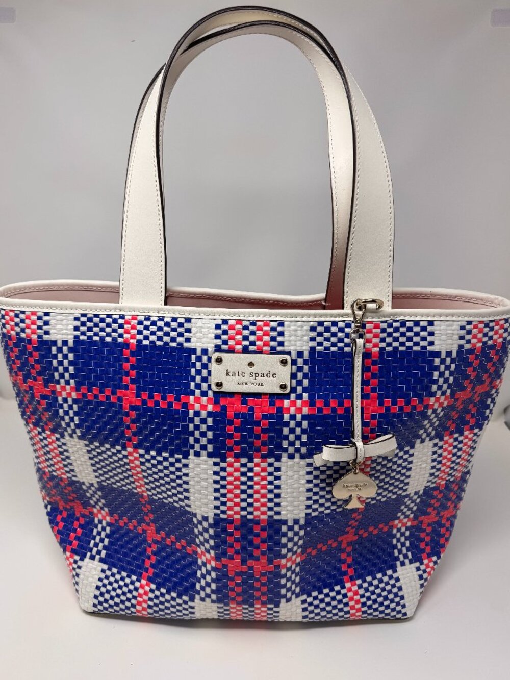 NWT Kate Spade Grand Plaid Woven Tote Blue White Red Summer Bag 17"